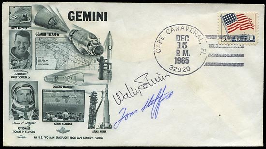 1965 SCHIRRA & STAFFORD SIGNED LAUNCH COVER: Launch cover with Orbit cachet & Cape Canaveral hand cancel dated Dec 15, 1965, signed in black ball point by Wally Schirra & blue ball point by Tom Stafford. Very fine.