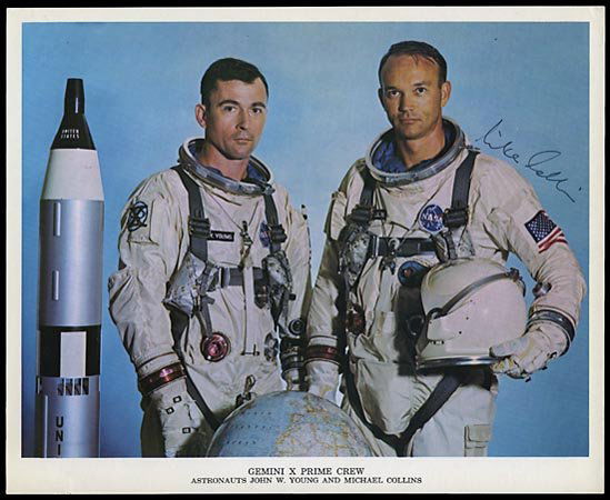 1966 COLLINS SIGNED GEMINI X PRIME CREW LITHO: Horizontal 8"x10" litho of John Young and Michael Collins, signed in black fine-line marker by Collins, uninscribed. Very fine.