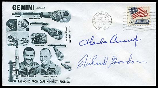 1966 CONRAD & GORDON SIGNED LAUNCH COVER: Sep 12, 1966 Cape Canaveral machine cancelled launch cover with 'Orbit' cachet signed in blue by Charles Conrad, Jr & Richard Gordon. Very fine.