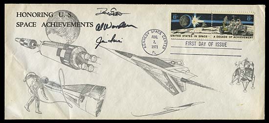 1971 APOLLO 15 CREW SIGNED FIRST DAY COVER: Dave Scott, Al Worden & Jim Irwin all signed this #10 size First Day Cover for the USA Space Achievement 8¢ commemorative issue of Aug 2, 1971. Overall gray-black very attractive cachet. Very fine.