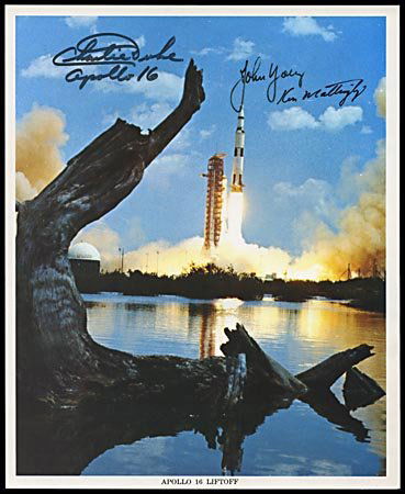 1972 APOLLO 16 CREW SIGNED LITHO: John Young, Ken Mattingly and Charlie Duke all signed this beautiful 8"x10" NASA color publicity litho of Apollo 16 liftoff. Charlie Duke inscribed 'Apollo 16' beneath signature. Pristine.