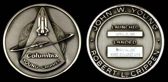 1981 STS-001 STERLING SILVER ROBBINS MEDALLION: An unflown sterling silver Robbins Medallion (#159/359). In original plastic case engraved dates & #159 on edge. Case faulty, medallion pristine.