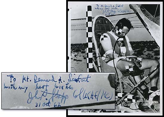 1962 JOHN P. STAPP AUTOGRAPHED ITEMS: Four autographs of U.S.A.F. Col. & M.D. John P. Stapp who studied the effects of acceleration & deceleration on himself beginning in 1947. He is known as one of the fathers of the seat belt laws in th