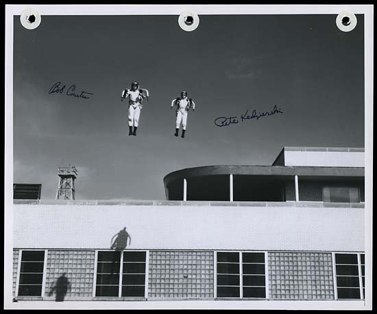1967 ROCKET BELT PILOT AUTOGRAPHS: Small group of items including a 10x8" black & white photo signed by Pete Kadzierski & Bob Courtes, another photo unsigned (both are from Bell Aerosystems & show Rocket belt on pilot in flight). Also 
