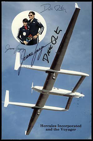 1986 AUTOGRAPHS DICK RUTAN SIGNED DISPLAY CARDS: Lot consists of a 6¾"x4½" color display card signed by Dick Rutan and Jeana Yeager. Additionally, there is a 4"x6" B&W display card signed by Dick Rutan in blue sharpie. Both in great condition, lar