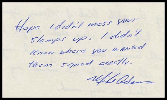 1960s X-15 MIKE ADAMS AUTOGRAPHED NOTE: Rarest of the X-15 pilots, Mike Adams signed this brief note in his handwriting with blue ball point pen on a white 6"x9" piece of paper. Adams also was one of the first group of Gemini MOL Astronauts
