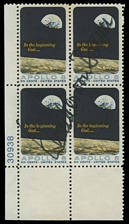 WERNHER VON BRAUN AUTOGRAPHED PLATE BLOCK: Plate number block of 4 of USA 6¢ Apollo 8 stamp issue signed diagonally in black by famed rocket scientist Wernher von Braun. Very fine.