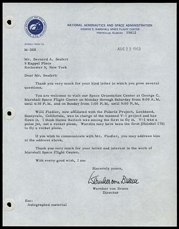 1963 WERNHER VON BRAUN AUTOGRAPHED LETTER: TLS 8"x10" on NASA MSC letterhead, signed in black ink by famed rocket scientist Wernher von Braun. Includes mention of V-1 project & involvement of Hanna Reitsch (Hitler's personal pilot), Willi Fied