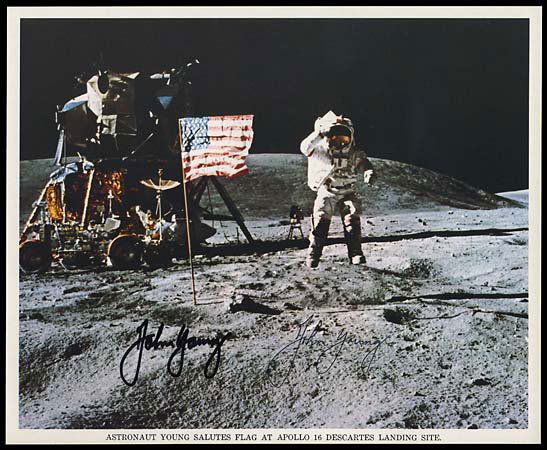 1972 JOHN YOUNG SIGNED LITHO: Color 10x8" litho autographed by Astronaut John Young in black sharpie. Additional autograph of Young to the right of the authentic signature that is clearly an autopen. In good condition, minor tonin