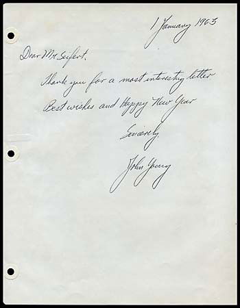 1963 JOHN YOUNG SIGNED LETTER: Handwritten thank you and New Year greeting letter on white 8.5x11" piece of 3-hole notebook paper with reinforcements. From very early in Astronaut Young's career (January 1, 1963) while he was still
