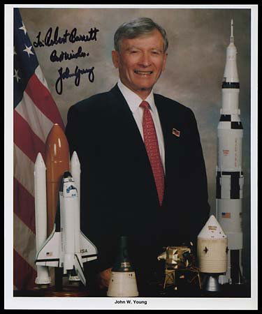 c.1980 JOHN YOUNG AUTOGRAPHED LITHO: Sharp looking 8"x10" color litho signed and inscribed by John Young in black marker. Inscription reads, 'To Robert Barrett, Best Wishes - John Young'. In good condition, minor dent in top left hand co