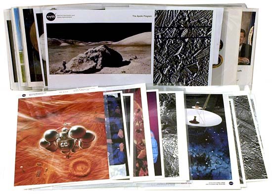 c.1960-90s SPACE PHOTOS & LITHOS: Fascinating lot of 34 photos and 23 lithos of space, space related topics, and mission crews. Many photos are NASA photos with red serial number. Handsome mixture of color photos along with others in 