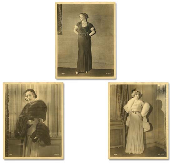 OVERSIZED PHOTOS OF MARION DAVIES BY APEDA: Three 11x14" sepia-toned matte heavy-weight photographs of actress Marion Davies. All three are portraits featuring Miss Davies in different fashionable apparel, including a mink stole, a white fur ca