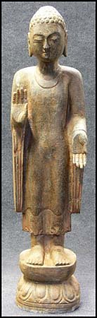 CARVED LIMESTONE BUDDHA, TANG DYNASTY STYLE: Free standing statue of Syakamuni Buddha. Tang Dynasty style. Same posture as the myriad statues of Buddha that line the way of 'Fuo Guan Shan' or Buddha Mountain near Kaoshioung Taiwan. Like other As