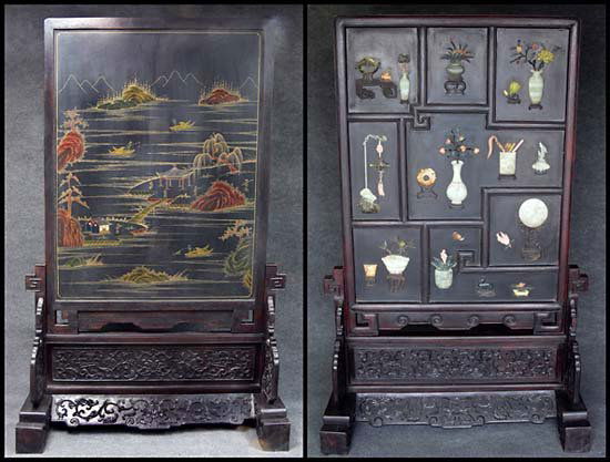 TABLE SCREEN WITH JADE CARVINGS, QING STYLE: Chinese free standing table screen with green jade carvings. Qing Dynasty style. Removable partition is divided into eight sectional motifs on front face (room opening facing side) of decorative house