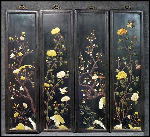FOUR PIECE WALL SET, QING DYNASTY STYLE: Four piece wall panel set. Late Qing Dynasty style. 'Niao Yue Hua Xiang' or 'Birds singing and lovely aromas'. A four season themed set of wall panel inlaid with jade depictions of various Southern Ch