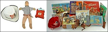COWBOY MEMORABILIA COLLECTION: 1950s-70s/Lots of fun & history in this lot of collectibles from 8 different famous Western TV shows. Highlights include: JOHNNY RINGO canteen, LPs, crayon set, doll & holster; COLT 45, action figure,