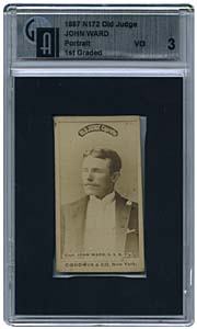 1887 OLD JUDGE N172 JOHN WARD PORTRAIT (GAI 3): 1887 Old Judge N172 John Ward GAI graded 3 VG. Extremely rare portrait variation of HOFer wearing dress clothes. New York Giants great John Montgomery Ward won 158 games pitching, & subsequently conve