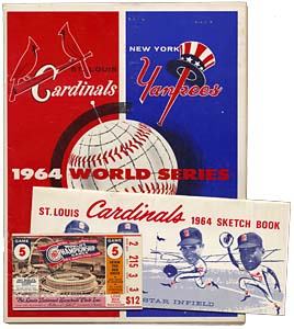 1964 WORLD SERIES PROGRAM, SKETCH BOOK & TICKETS: Six great vintage St Louis Cardinals related items: 1) 1964 World Series Program (unscored, starting line up written). Inside score sheet pages not attached; 2-3) Two 1964 World Series ticket stubs fr