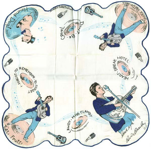 1956 E.P.E. HANDKERCHIEF: Three Elvis depictions and hound dog with one depiction in each corner, along with song titles, records & guitars. Handkerchief in blue. Measures about 12½" square. Nice quality.