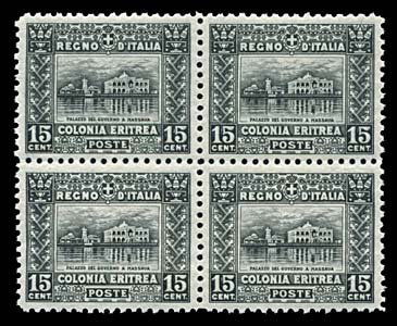 1929 ERITREA #47a 15c SLATE, PERF 11, BLOCK: (SCV$330) A well-centered MINT never hinged block of 4. Few spots dried gum, otherwise very fine. (Sassone #131)