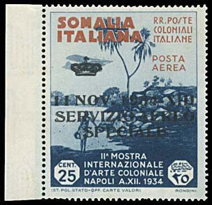 1934 SOMALIA #CO1 25c SLATE BLUE & RED ORANGE: (SCV$1750) Fresh, MINT never hinged, one small toning spot on gummed side. A very SCARCE stamp, especially never hinged. Left sheet margin copy, very fine, nibbed bottom perf. Way undervalued in Scott