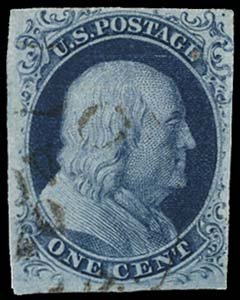 1851 USA #7 var FRANKLIN 1¢ BLUE TYPE II