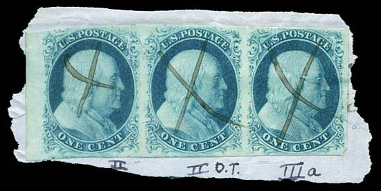 1851 USA #7,8A 1¢ BLUE, STRIP, TYPES II/IIIa