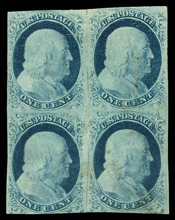 1852 USA #9 FRANKLIN 1¢ BLUE TYPE IV, BLOCK