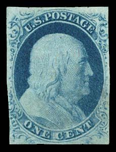 1852 USA #9 FRANKLIN 1¢ BLUE TYPE IV