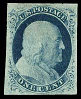 1852 USA #9 FRANKLIN 1¢ BLUE TYPE IV