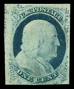 1852 USA #9 FRANKLIN 1¢ BLUE TYPE IV