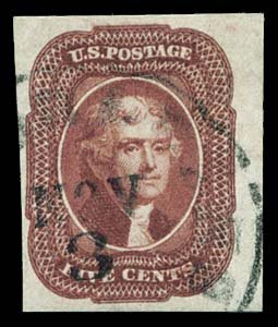 1856 USA #12 JEFFERSON 5¢ RED BROWN TYPE I