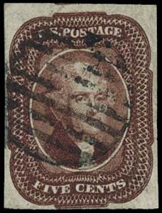 1856 USA #12 JEFFERSON 5¢ RED BROWN TYPE I