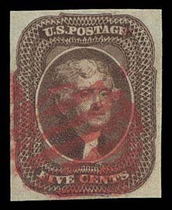 1856 USA #12 JEFFERSON 5¢ RED BROWN TYPE I
