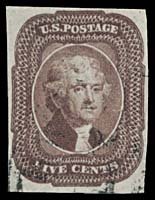 1856 USA #12 JEFFERSON 5¢ RED BROWN TYPE I