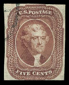 1856 USA #12 JEFFERSON 5¢ RED BROWN TYPE I