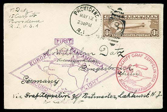 1930 USA #C14 ZEPPELIN $1.30 BROWN: Very fine single tied on small cover by 5/12/30 Providence, RI duplex, lilac and red Zeppelin handstamp cachets. Lakehurst to Friedrichshafen (6/6 receiver on back). Fine to very fine. Regency Code: 5