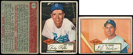 1952 TOPPS CARDS (x31) W/#1 ANDY PAFKO!: (BV$7260) 31 cards from 1952 Topps set: #1, 3, 9, 13, 16, 19, 21(x2), 22, 31, 34, 36, 39, 43, 45, 48, 51, 52, 61, 62, 67, 74, 76, 81, 111, 113, 117, 123, 127, 203, 246. All cards are 'red backs'. High