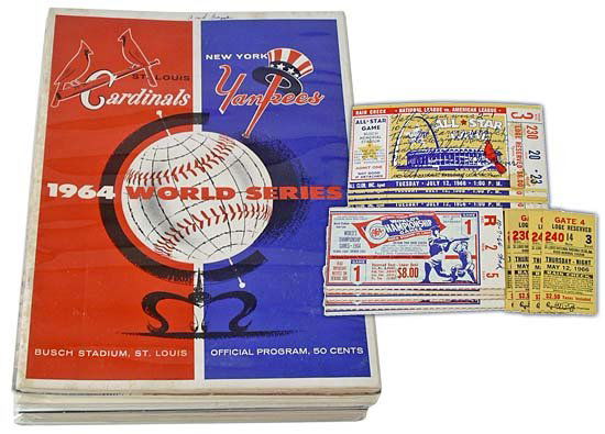 1964-87 CARDINALS WORLD SERIES PROGRAMS, TICKETS: Nine St Louis Cardinals related programs, plus various ticket stubs and more. Highlights include: 1) Three 1964 World Series Programs from Game 1, 2 and 6 respectively, plus five 1964 World Series tic