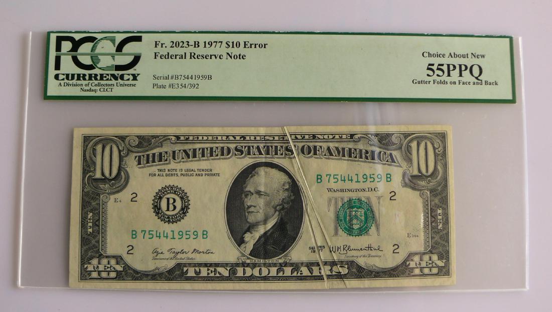1977 Ten (10.00) Dollar Error Note Two-Sided (Front and: A great error note. Most Gutter folds are one sided. This is a Front and Back Gutter Fold and rare as such. PCGS Certified as AU55PPQ.