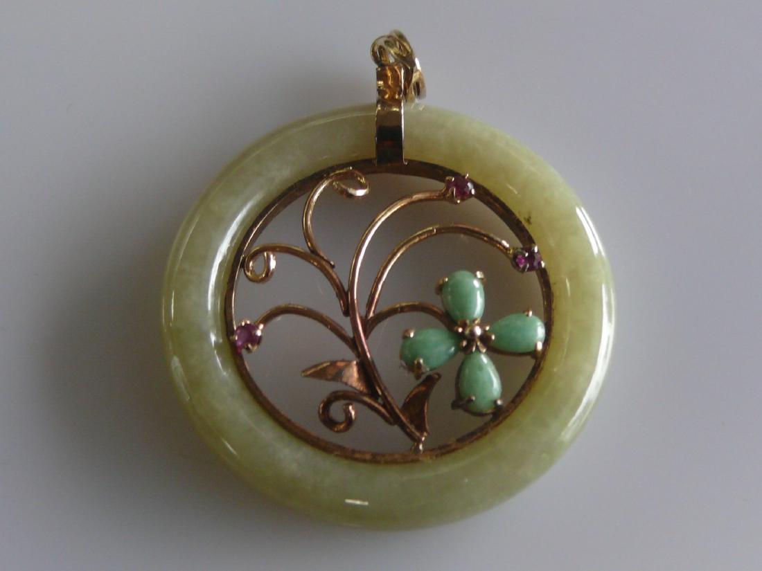 14k Jadeite and Ruby Floral Pendant (1 of 2)