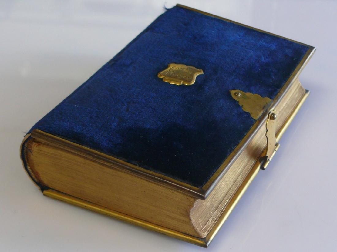 Mid-1800s Book of Prayer - superb Condition - LOW: This lot is a velvet book of prayer thats been personalized and dated to 1857. The publication date is 1851 in Philadelphia by Lippincott - Grambo and Co - successors to Grigg - Elliot and Co. address