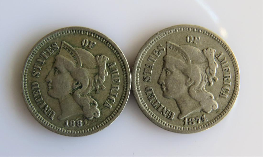 1874 And 1881 3 Cent Nickels-Two (2ct.) coins VF (1 of 2)