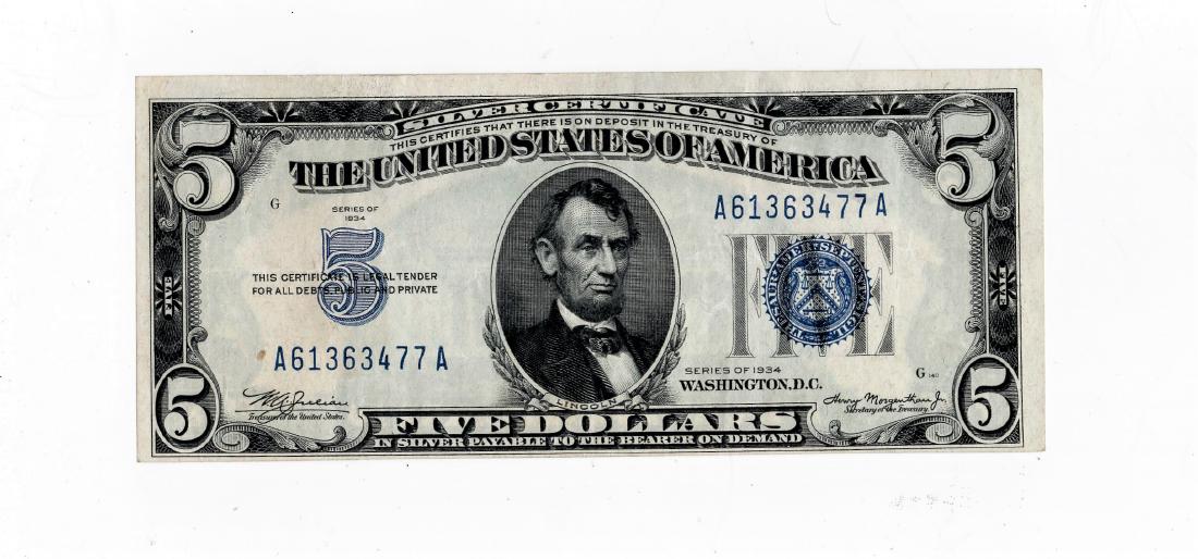 1934 Five $5.00 Silver Certificate CH AU (1 of 2)