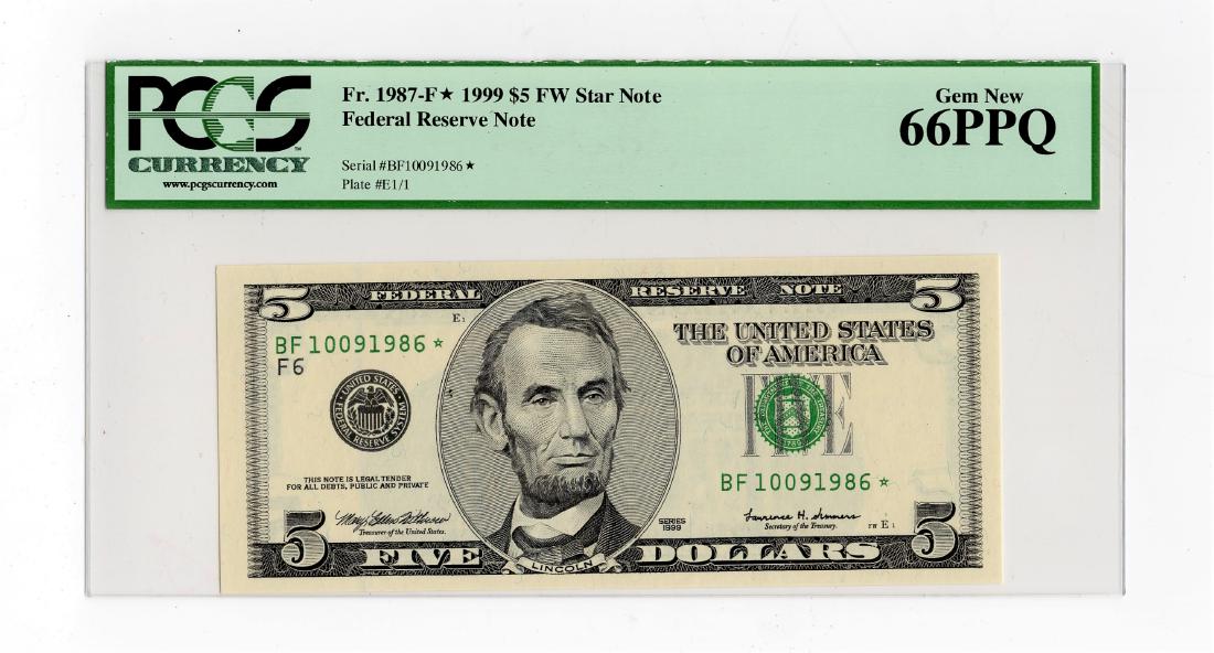 1999 Five Dollar $5.00 FRN Star Note PCGS Gem MS66PPQ (1 of 2)