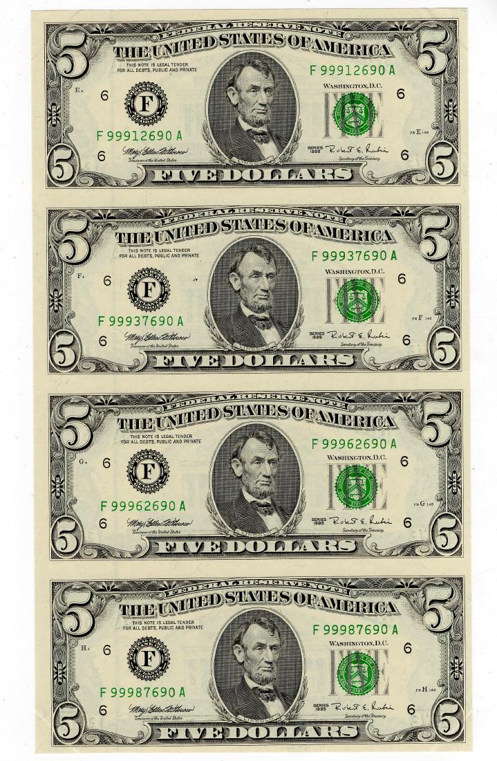 BEP Issued Uncut Sheet of Four (4ct.) Series 1995 FRN (1 of 2)