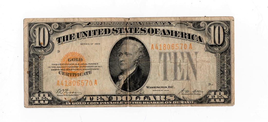 1928 Ten Dollar $10.00 Yellow Seal Gold Certificate F+ (1 of 2)