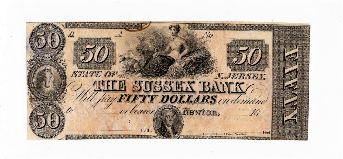 Bank of Sussex NJ 1850's Obsolete $50.00 Note Unc (1 of 2)