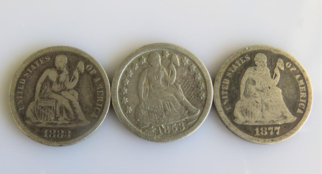 1853 W/Arrows, 1877-CC and 1883 Seated Dimes 3ct. (1 of 2)